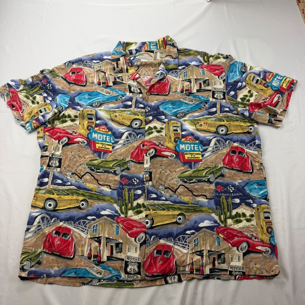 Paradise Found Shirt Mens 2XL Multicolor Route 66 Classic Car Corvette Rayon